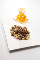 Fried cod fillet with abalone sauce