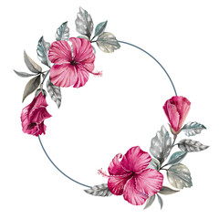 Hibiscus dark pink flowers, gray metallic leaves and branches, liana, vine wreath hand drawn watercolor illustration isolated on white. Bright round frame for exotic, gloomy designs, invitations