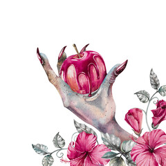Human scary hand holding red candy apple with hibiscus flowers painted watercolor illustration isolated on white. Palm with long fingers and sharp nails corner frame for holiday, halloween design