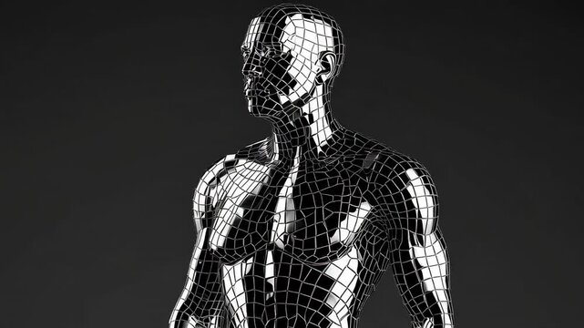 Silver humanoid robotic frame spinning, displaying complex mechanical lattice against shadowy surface, highlighting cutting edge cybernetic engineering and futuristic digital design concept - Powered by Adobe