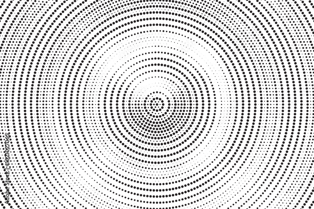 Aufkleber Radial halftone gradient background. Dotted concentric texture with fading effect. Black and white circle shade wallpaper. Grunge rough vector. Monochrome backdrop