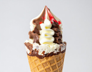 Delightful ice cream cone topped with swirls of chocolate and vanilla, drizzled with red syrup, perfect for sweet treat