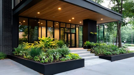 Selbstklebende Fototapeten Modern entrance with lush greenery and elegant design, showcasing urban landscaping © siraphol
