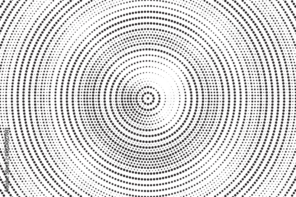 Poster Radial halftone gradient background. Dotted concentric texture with fading effect. Black and white circle shade wallpaper. Grunge rough vector. Monochrome backdrop