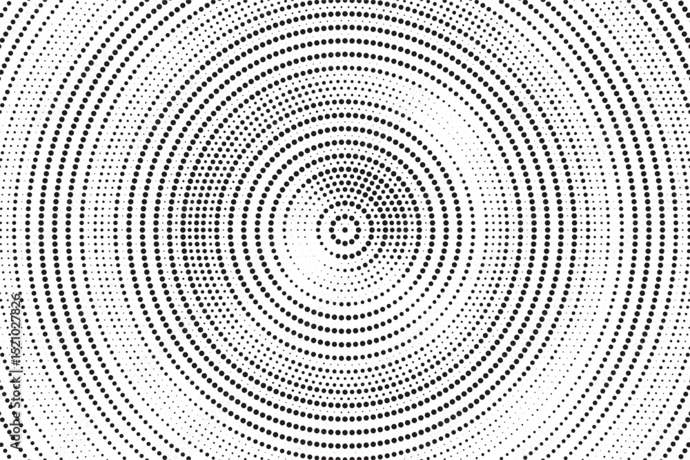 Poster Radial halftone gradient background. Dotted concentric texture with fading effect. Black and white circle shade wallpaper. Grunge rough vector. Monochrome backdrop