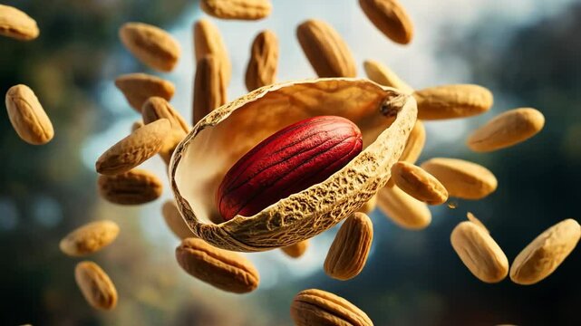 Generative 4k video. Peanut in its shell is surrounded by scattered peanuts, showcasing the natural texture and vibrant colors of the nut, emphasizing its organic appeal and freshness
