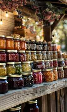 A rustic market stall with jars of homemade jams.