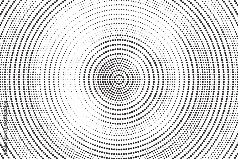 Aufkleber Radial halftone gradient background. Dotted concentric texture with fading effect. Black and white circle shade wallpaper. Grunge rough vector. Monochrome backdrop