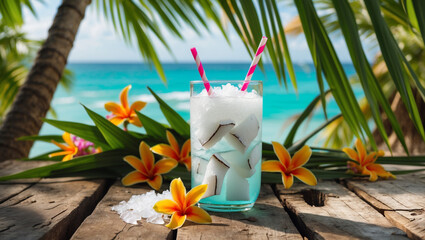 A fresh coconut water with straw in a tropical setting