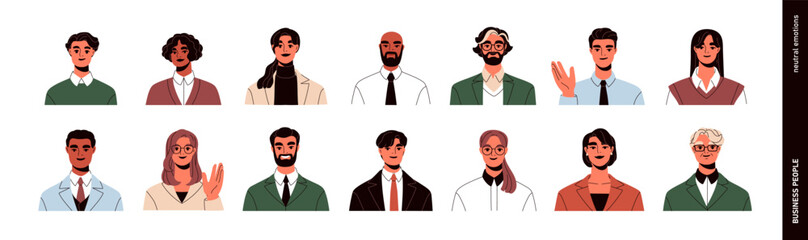 Business avatars set. Professional male and female, head portraits. People faces, employees, corporate staff, office workers, user profiles. Flat vector illustrations isolated on white background
