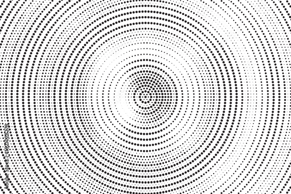 Poster Radial halftone gradient background. Dotted concentric texture with fading effect. Black and white circle shade wallpaper. Grunge rough vector. Monochrome backdrop