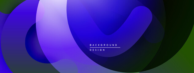 Abstract background features overlapping translucent circles. Gradient transitions from purple to green create dynamic visual effect. Modern design.