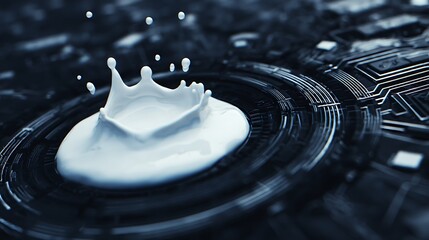 Milk splash on futuristic circuit board