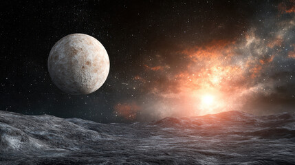 Fototapeta premium Stunning cosmic scene featuring rocky planet illuminated by distant star, showcasing vastness