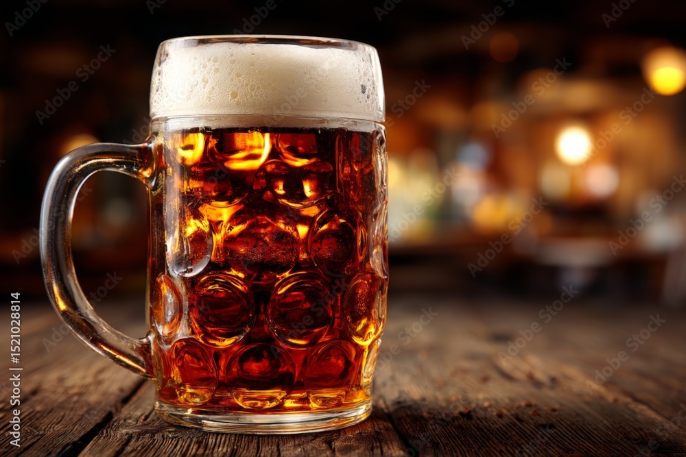 Aufkleber freshly poured mug of beer sits on a rustic wooden table in a cozy tavern during evening hours