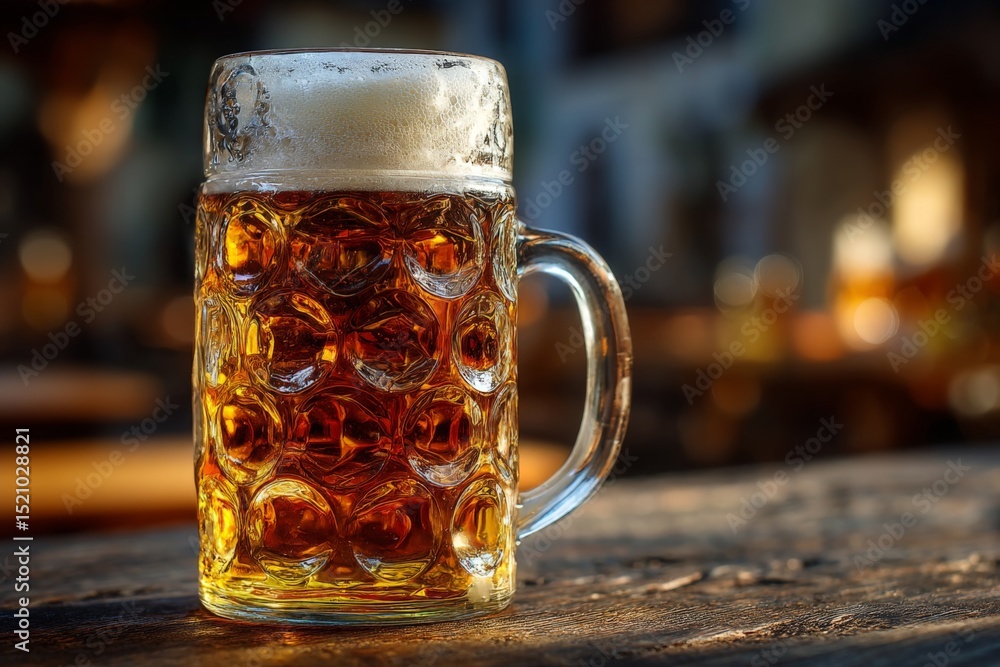 Aufkleber refreshing glass of beer on a rustic table during an evening gathering at a local pub