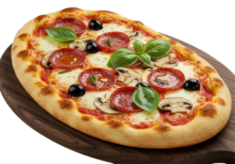 Isolated Oval Pizza with Pepperoni Mushrooms and Basil