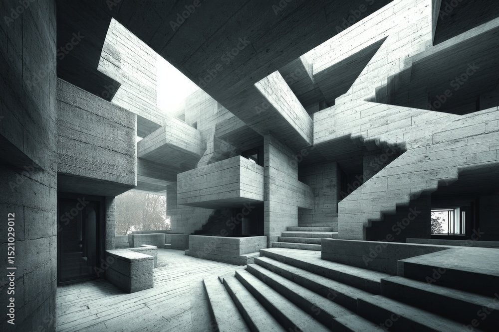 Poster Modern architectural structure featuring geometric forms and textured concrete at midday