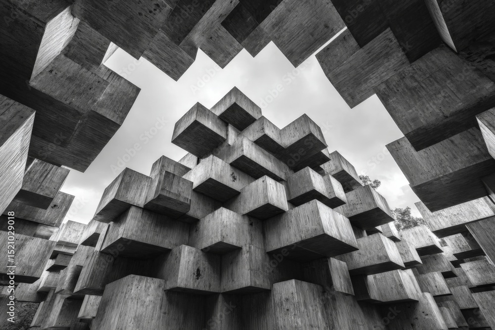 Aufkleber unique architectural structure made of concrete blocks set against a cloudy sky, showcasing geometri