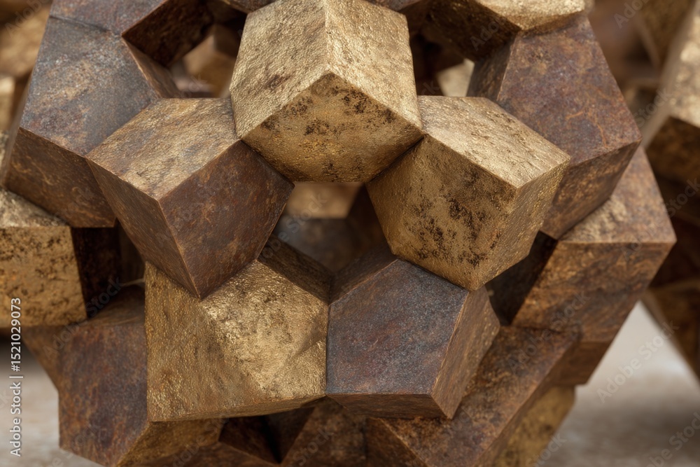 Poster Intricate geometric sculpture made from metallic materials showcasing unique shapes in a close-up view