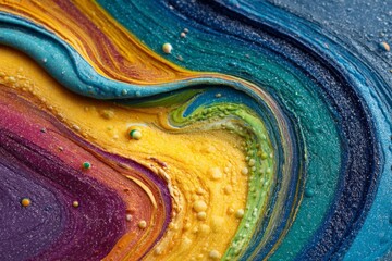 Colorful abstract swirl displaying vibrant hues of yellow, purple, teal, and blue against a dark background