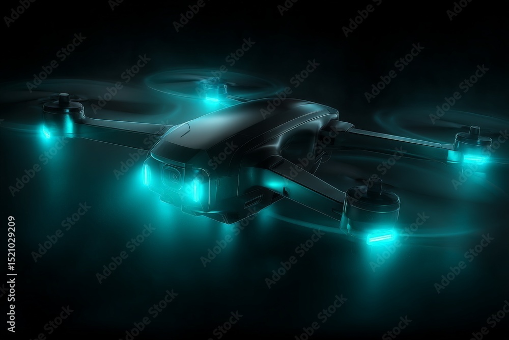 Poster high-tech drone with glowing lights hovering in a dark space