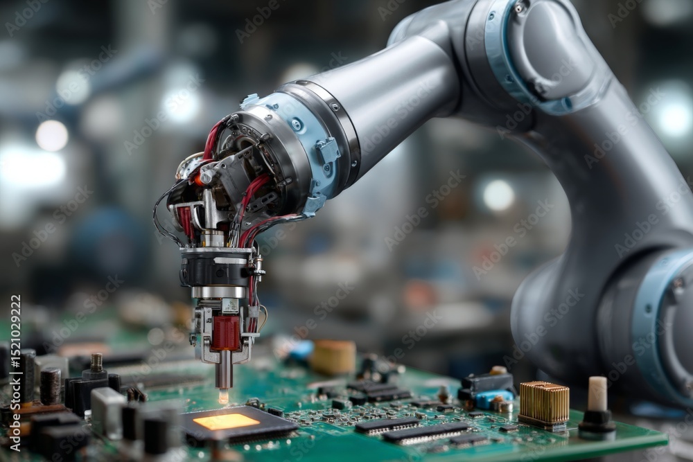 Poster robotic arm assembling electronic components on a circuit board in a modern facility