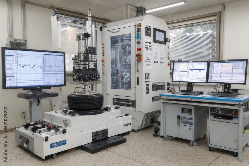 Poster advanced tire testing equipment in modern laboratory during daylight hours