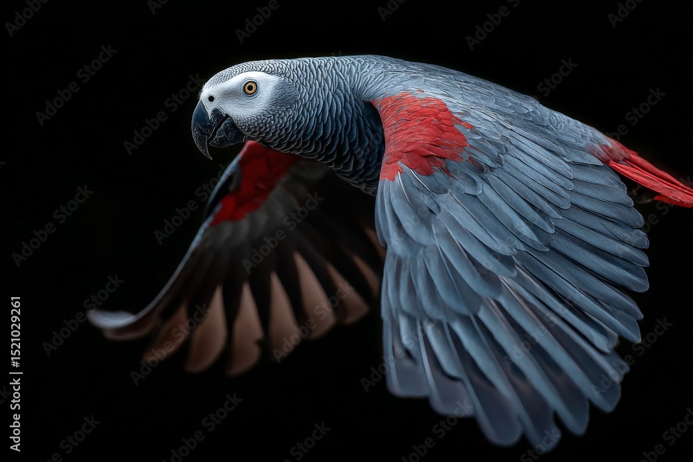 Aufkleber grey parrot in flight showcases vibrant feathers and remarkable agility during a natural display in 