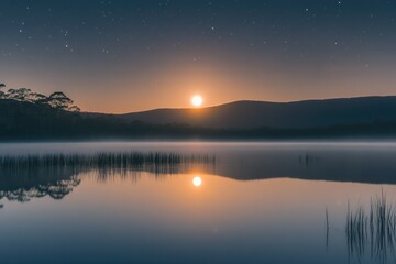 Serene sunset over a tranquil lake, reflecting the sun and stars in a misty evening.