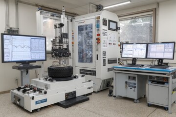 Advanced tire testing equipment in modern laboratory during daylight hours