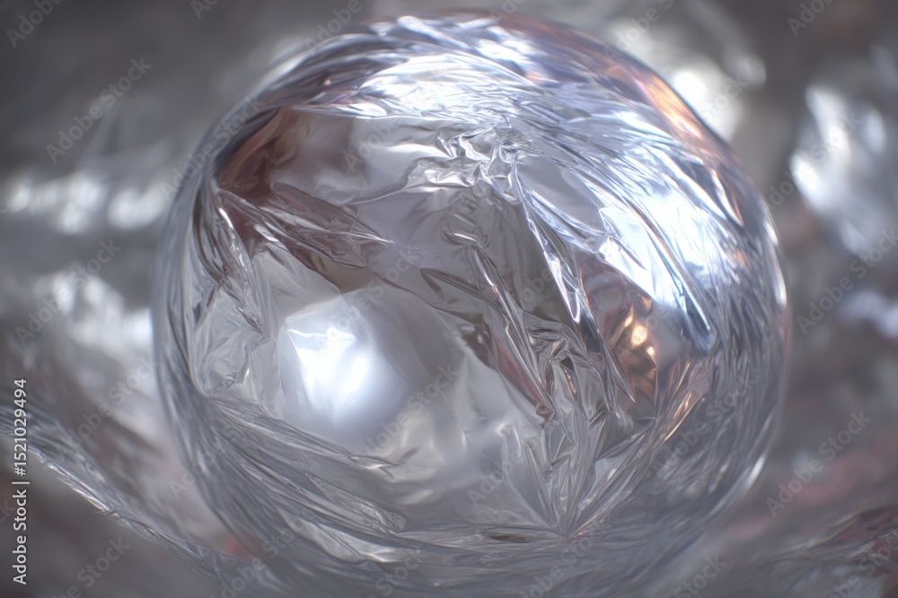 Poster reflective sphere wrapped in transparent foil resting on a textured surface in soft lighting