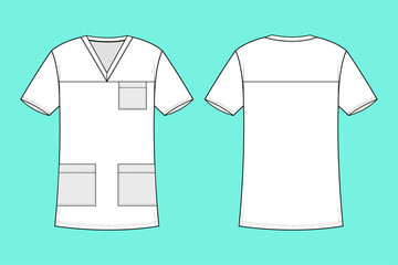 V neck short sleeve Black and White medical Scrub T-shirt fashion flat sketch CAD mockup front and back views.