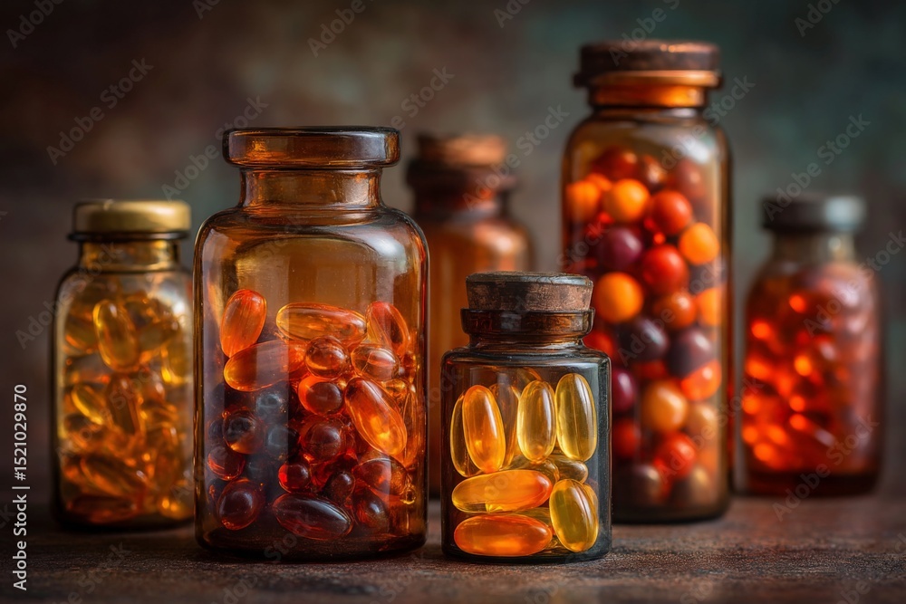 Poster glass jars filled with colorful capsules and supplements arranged artistically on a wooden surface i