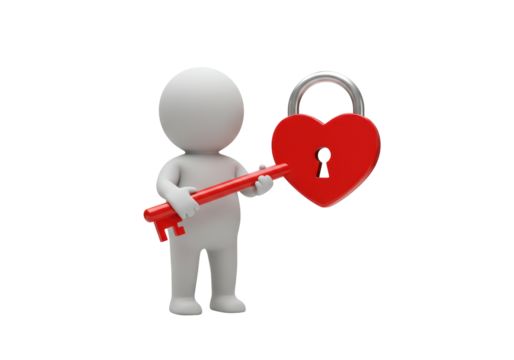 Isolated 3D Man Holding Key to Unlock Heart Padlock