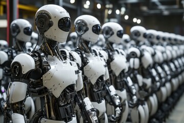Fototapeta premium Row of humanoid robots in a futuristic factory