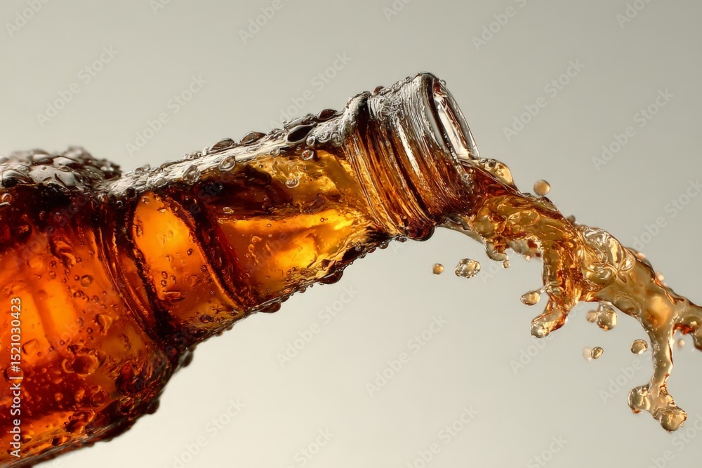 Poster Bubbles and splashes from an open bottle of soda creating an energetic scene against a neutral background