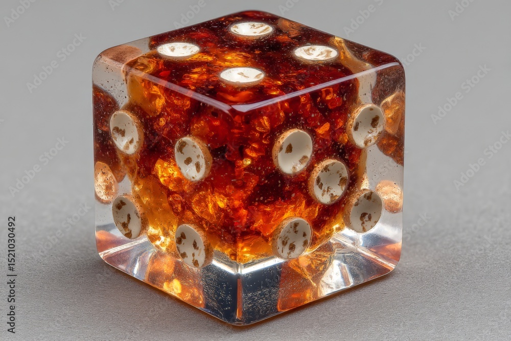 Poster Unique resin dice showcasing an intricate design with embedded chips in amber and clear material