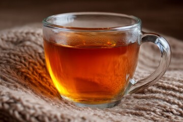 Warm cup of tea resting on a cozy knitted fabric in a dimly lit room during autumn