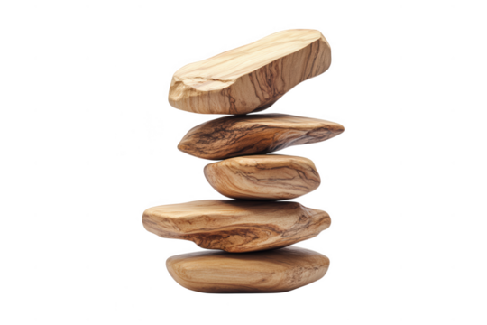 Stacked olive wood stones isolated on transparent background