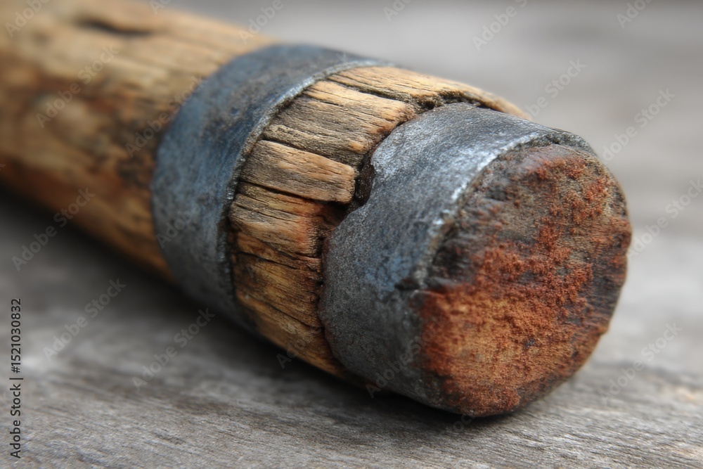 Poster craftsman tool with a weathered wooden handle and rusty metal end on a wooden surface
