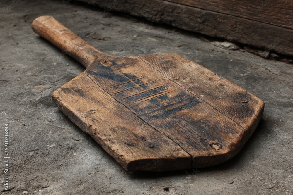 Poster Old wooden paddle resting on a weathered floor in a rustic setting showcasing craftsmanship and history