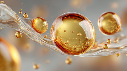 3d render of gold molecules bubbles, gold liquid with golden drops, cosmetic serum oil, skin treatment collagen, glass transparent texture, skincare, science, medical, lab, luxury