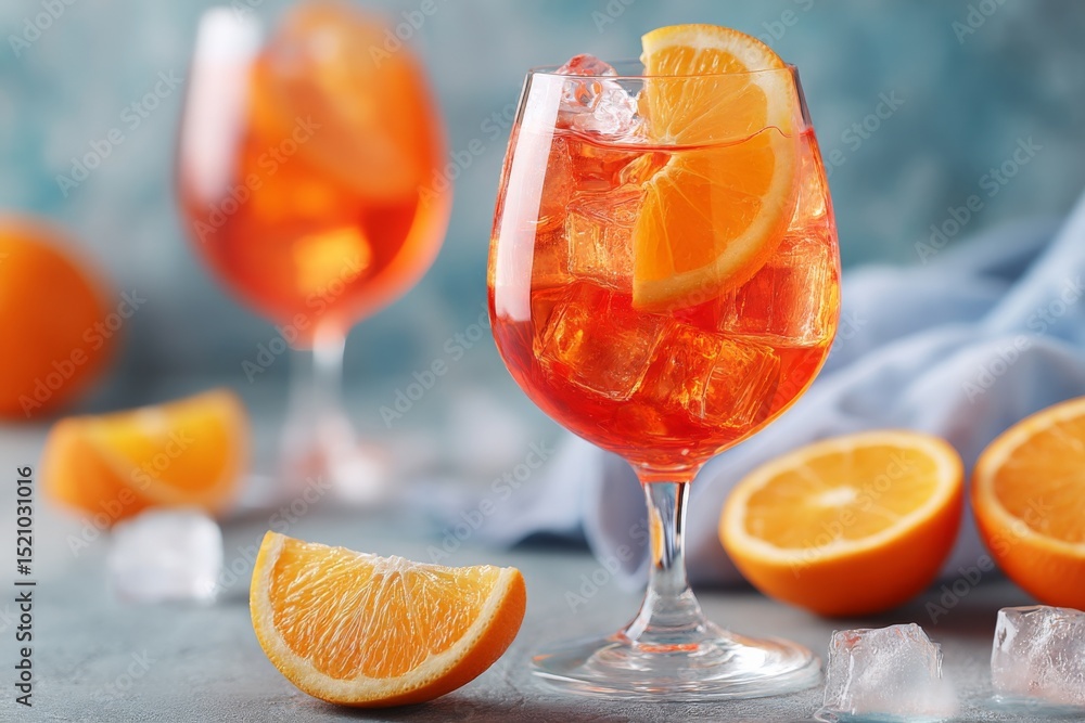 Poster refreshing orange drinks with ice and fruit slices on a light blue background during summer gatherin
