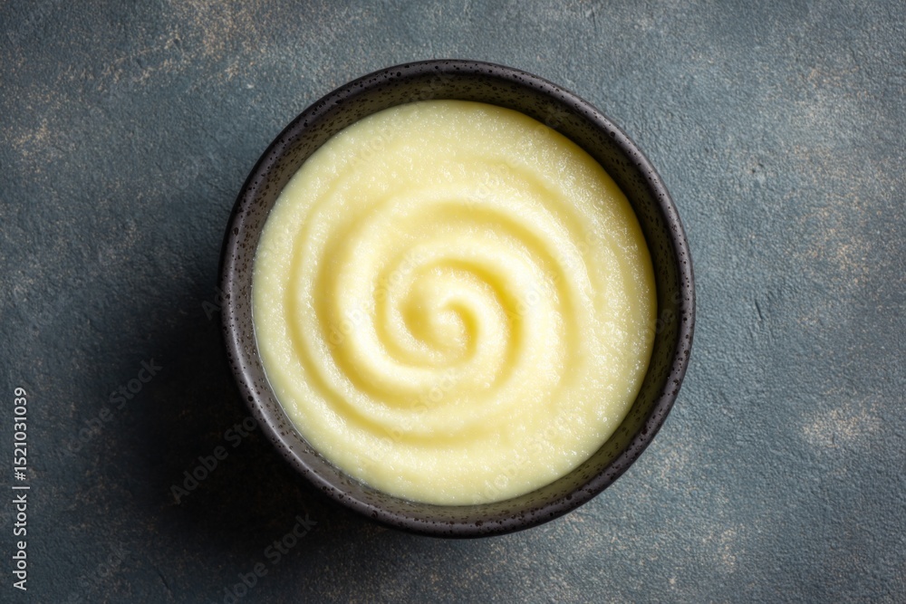 Poster Creamy mashed potatoes served in a black bowl with a swirl pattern on a textured surface