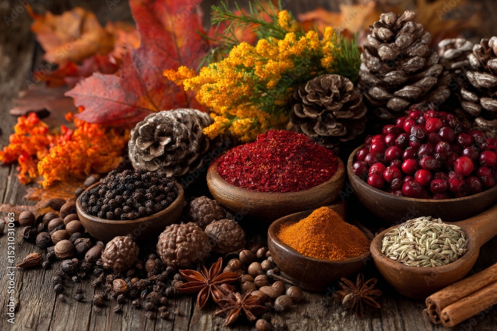 Poster colorful collection of spices and autumn foliage arranged on a rustic wooden table