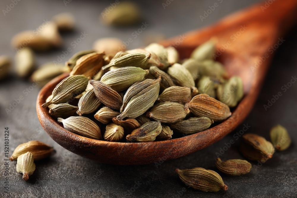 Poster fresh cardamom pods on a wooden spoon displayed on a dark surface in an aromatic kitchen setting for