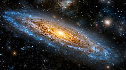 Fototapeta premium Stunning galaxy with vibrant blue and golden hues, surrounded by countless stars, evokes sense