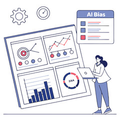 Woman analyzing ai bias on a screen with charts graphs and data visualizations for business analysis