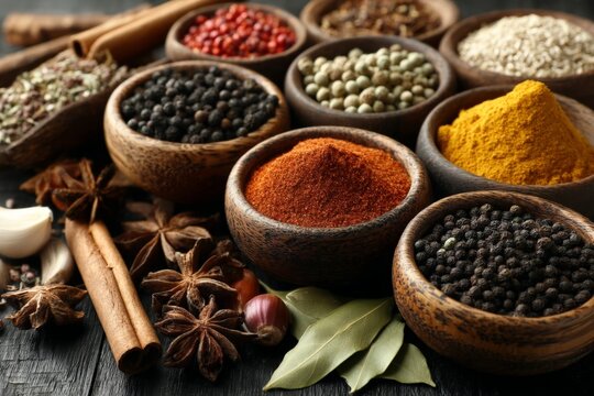 Colorful assortment of spices displayed in wooden bowls on a rustic table